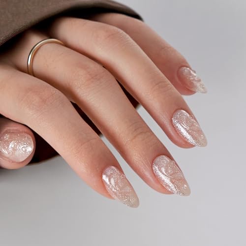 BTArtbox Press On Nails Almond - Short Press On Nails with 3D Sculpting Design, Glitter Water Drop Glue On Nails in 16 Sizes, Golden Fizz