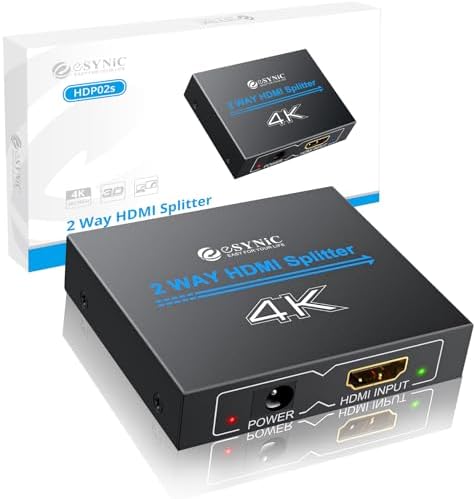 eSynic 4K/30HZ HDMI Splitter 2 Way HDMI Splitter 1 in 2 Out HDMI 1.4 HDMI Splitter Double Monitors for HDTV PS4 Blu-ray Player Laptop Satellite etc(Not Support HDCP,Not Support Extend Mode)