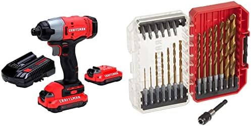 CRAFTSMAN V20 Impact Driver Kit, Cordless, 2-Batteries, 1/4in. w/Drill Bit Set, Titanium Nitride Coated, 21-Piece (CMCF800C2 & CMAM3211)