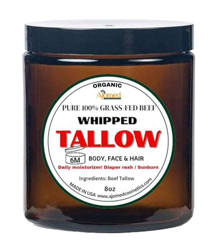 Whipped Tallow Cream - Pure Grass-Fed Beef Moisturizer for Face, Body, Hands - Handmade Tallow Cream, Small Batches for Dry Skin, Organic Beef Tallow, for All Hair Types (Unscented, 8oz)