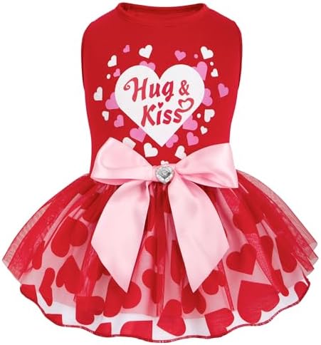 cyeollo Valentine's Day Dog Dress Holiday Dog Clothes Heart Print Tulle Doggie Dresses for Small Dogs Girls Party Outfit Puppy Cats Apparel,Red XS
