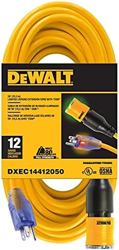 DEWALT 50 Foot 12/3 SJTW Click-to-Lock Lighted Extension Cord - Heavy Duty Outdoor, Waterproof, Weatherproof, Heat & Corrosion Resistant Industrial Strength Light Up Prong Outlet Plug Power Cord