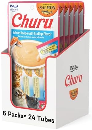 INABA Churu Cat Treats, Lickable, Squeezable Creamy Purée Cat Treat with Green Tea Extract & Taurine, 0.5 Ounces Each Tube, 24 Tubes (4 per Pack), Salmon Recipe with Scallop Flavor