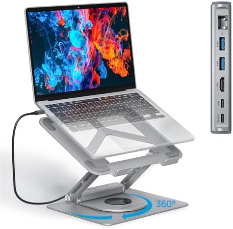 Adjustable Laptop Stand with 360 Rotating Base & USB Docking Station for MacBookPro/Air/Dell/HP/Lenovo, Portable Ergonomic Laptop Riser for Desk with USB Hub 100W PD/4K HDMI/Usb3.0/1000Mbps Ethernet