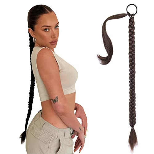 SEIKEA Long Braided Ponytail Extension with Hair Tie Straight Wrap Around Hair Extensions Ponytail Natural Soft Synthetic Hair Piece Daily Wear 34 Inch 180 Gram Dark Brown with Copper Highlights
