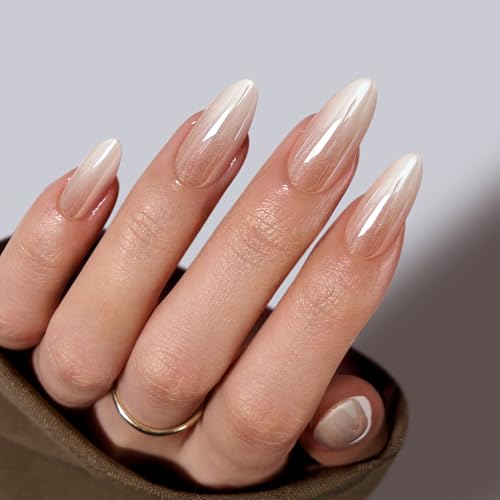 BTArtbox Press On Nails Medium Almond - Soft Gel Ombre Fake Nails with Glitters, French Tip Nails Reusable Glue On Nails Fake Nails Kit 15 Sizes, Glittering Champagne