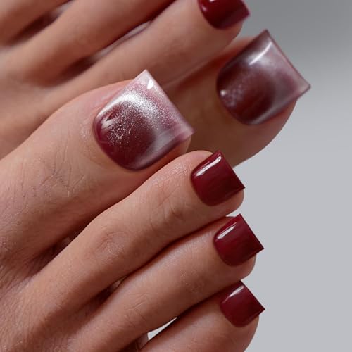 BTArtbox Press On Toenails - Real Square Opaque Red Toe Nail Press Ons with Glue for Women, Glitter Fake Toe Nail Tips in 15 Sizes - 30 Toenails Kit, Crimson Chaos