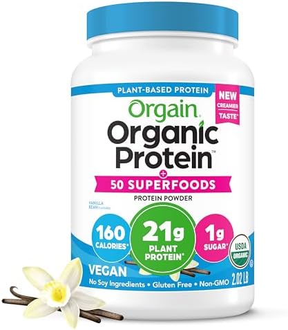 Orgain Organic Vegan Protein + 50 Superfoods Powder, Vanilla Bean - 21g Plant Based Protein, 8g Prebiotic Fiber, No Lactose Ingredients, Gluten Free, Non-GMO, 2.02 lb (Packaging May Vary)
