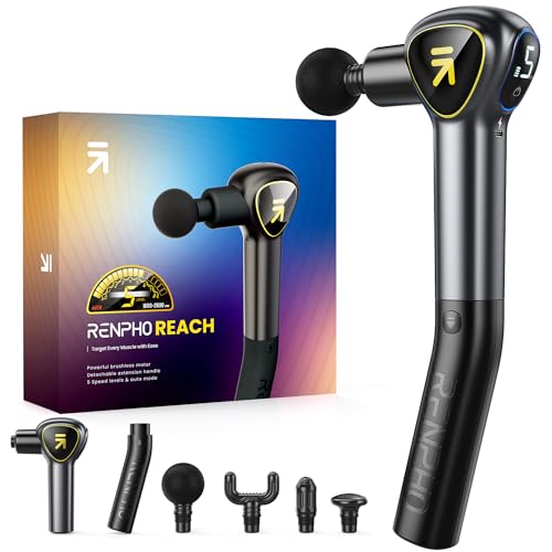 RENPHO Reach Massage Gun, Upgrade Extension Handle Percussion Massage Gun Deep Tissue, Muscle Back Massagers Handheld, Portable Mini Massage Guns, Quiet, LED Gifts-FSA or HSA Eligible