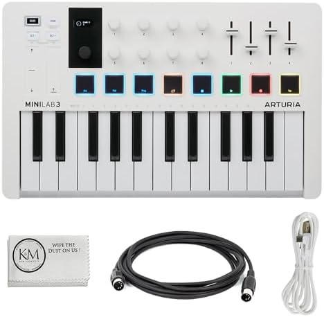 Arturia MiniLab 3 Compact MIDI Keyboard and Pad Controller (White) Bundle with 6ft MIDI Cable & Cleaning Cloth (3 Items)