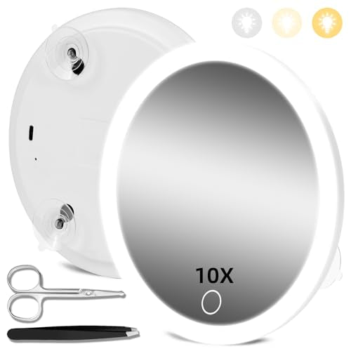 Magnifying Mirror with Light 10X, Makeup Magnifying Mirror with Suction Cups, 6'' Magnifying Mirror with 3 Color Lights Dimming Makeup Mirror with 10x Magnification, Large 10x Travel Magnifying Mirror