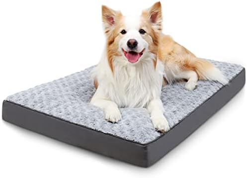 Dog Crate Bed Waterproof Dog Beds for Large Dogs Rose Velvet Soft Fluffy Washable Dog Bed with Removable Cover & Anti-Slip Bottom, 35 x 22 Inch, Light Gray
