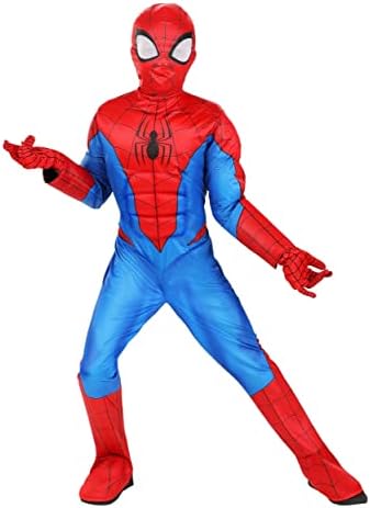 Marvel Spider-Man Official Youth Halloween Costume - Premium Quality Padded Jumpsuit with Pull On Fabric Mask (M) Red