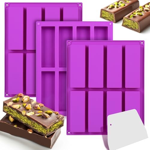 Palksky Dubai Chocolate Bar Mold for Filling Pistachio Cream Butter, Deep Silicone Candy Molds for Knafeh Stuffed Bar, Thick Chocolate Bar Molds,3PCS-8 Cavities