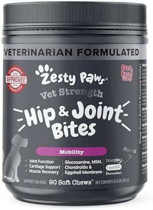 Zesty Paws Vet Strength Mobility Bites Beef & Bacon Flavor Hip & Joint Support Chews for Dogs with Glucosamine, Chondroitin, MSM, Hyaluronic Acid & Serrazimes - 90 Count