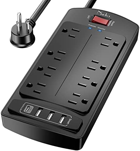 6Ft Extension Cord Power Bar - Nuetsa Surge Protector 8 AC Outlets and 4 USB Ports(3U1C), 6 Feet Power Strip (1625W/13A) for for Home, Office, 2700 Joules, ETL Listed, Black
