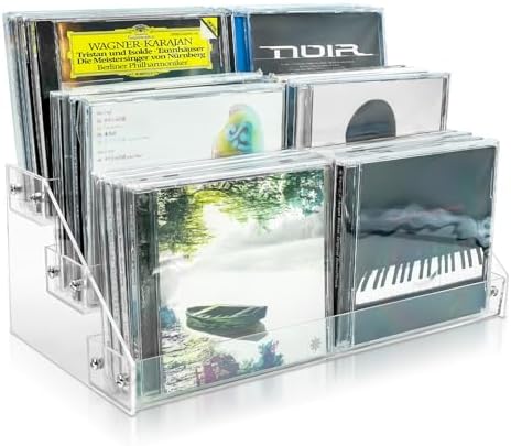 3Tier Clear Acrylic CD Holder Cascading CD Storage Rack,DVD/CD Display Rack & Vinyl Record Storage Stand Holds up to 24 Standard CD Cases for Media Shelf Storage and Organization (clear, Medium size)