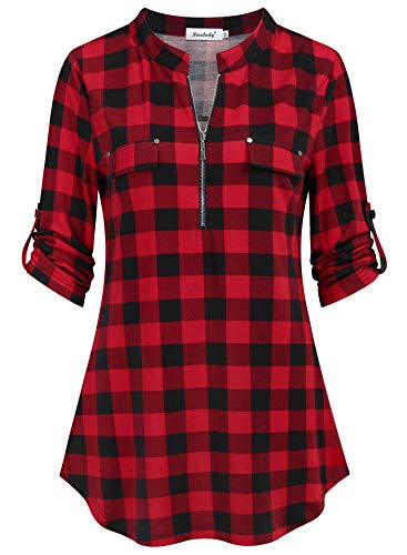 Ninedaily Black and Red Plaid Shirt Women,Holiday 2024 Gifts Fall Winter Clothes Dressy Blouses Buffalo Checkered Shirt Womens Fashion Tops Christmas Outfits Pajamas Elegant Tunic,Large