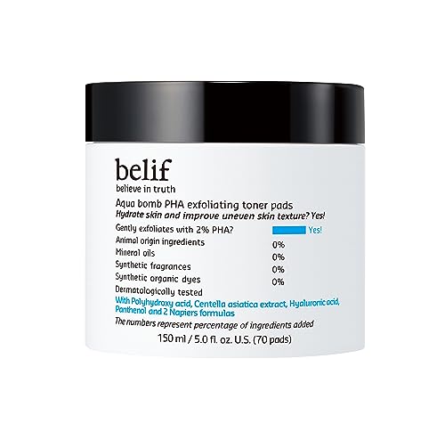 belif PHA 2% Toner Pads – Gentle Exfoliating Facial Polish for Pore Care, Hydrating & Soothing with Panthenol & CICA, Double-Sided Texture, Ideal for Sensitive Skin, Korean Skincare (70 Pads)