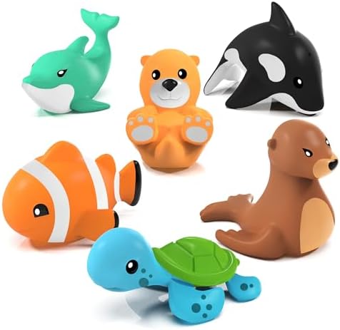 Tub Works® Marine™ Mold Free Bath Toys, 6 Pack | Sealed, No Hole Bath Toys Design Keeps Moisture Out | Soft, Squeezable & Float on Water | Easy-Grip Baby & Toddler Bath Toys | Great Baby Pool Toys