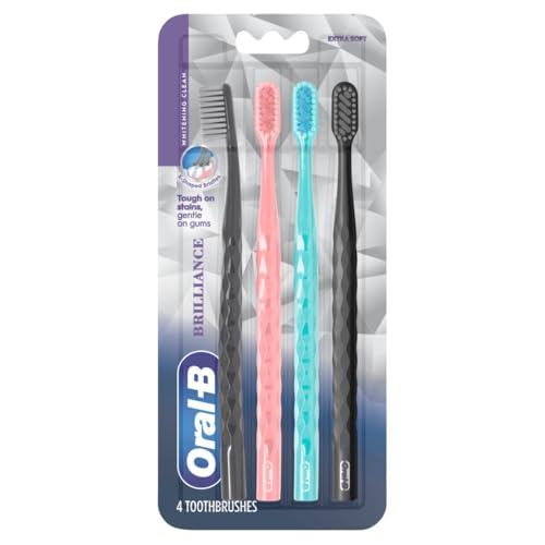 Oral-B Pro Whitening Brilliance Toothbrushes, Extra Soft, Black, Coral, and Teal, 4 Count