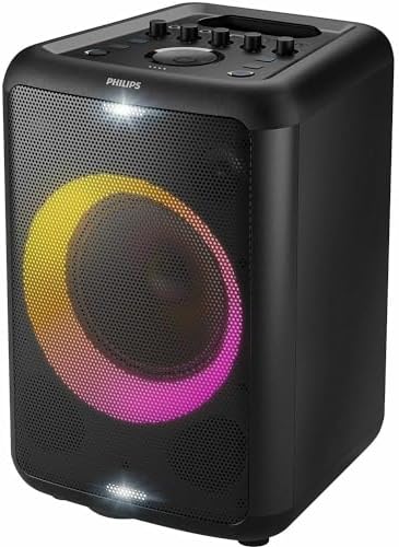 PHILIPS X3206 Bluetooth Party Speaker with Deep bass, Up to 14 Hours Battery, Party Lights and Karaoke Effects, Microphone and Guitar Input, Audio-in, USB Charging, Built-in Trolley, TAX3206
