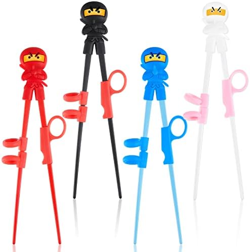 Nuanchu 4 Pairs Ninja Training Chopsticks for Kids Adults Beginners Cute Tableware Reusable Japanese Training Learning Chopsticks Helper with Attachable for right or Left Handed Trainer, 7 Inch
