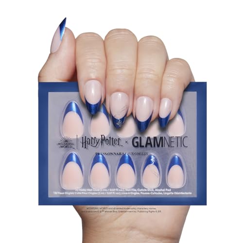 Harry Potter™ x Glamnetic Press On Nails - Ravenclaw™ | Blue Chrome French Tip Eagle Graphic Short Almond False Nails, Reusable Stick On Fake Nails with Glue | Salon Quality | 15 Sizes - 30 Nail Kit