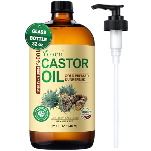 Yoken EWG Verified Organic Castor Oil Glass Bottle 32 fl oz (with Pump) 100% Pure Castor Oil for Skin Face Hair, Cold Press, Hexane Free, Unrefined Caster oil for Castor Oil Pack Deep Nourish Body