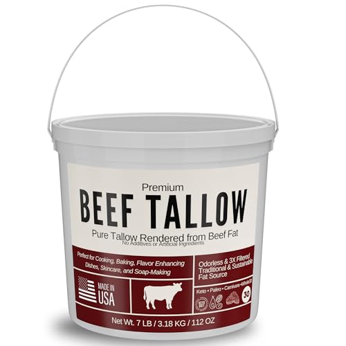 Beef Tallow for Cooking 7 LB, 3X Rendered from Suet Amercian Cattle - No Additives For Skincare or Cosmetics Lotions, Skin, Balms, Soap, Face, Creams,Moisturizer) Keto, Carnivore, Paleo Friendly