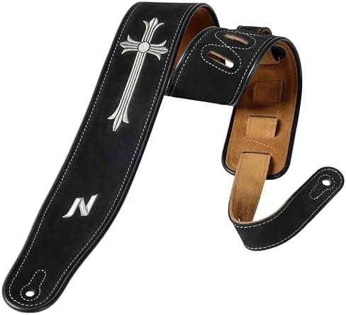 Nefelibata Guitar Strap with Crucifixion Embroidery, 2.7" Wide Double Layer Bavarian Tumbled Cowhide Guitar Strap with Foam Padding for Kids, Male and Female, Acoustic, Bass and Electric Guitars