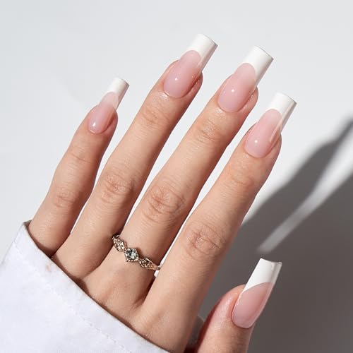 BTArtbox Press On Nails Long - French Tip Press On Nails Square, Fake Nail with Nail Glue, Natural Reusable Stick On Nails in 15 Sizes - 30 Fake Nails Kit
