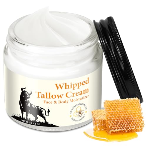 60g Whipped Beef Tallow Cream Balm - 100% Grass Fed Tallow, Raw Wild Honey & Beeswax - Softens Dry, Rough Skin, Deep Hydrating - Suitabale for Dry & Aging Skin - Face Body Moisturizer