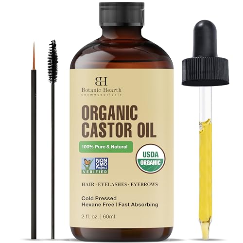 Botanic Hearth Castor Oil (2 fl oz) | USDA Certified Organic | 100% Pure & Hexane Free | Cold Pressed |Promotes Growth for Eyelashes, Eyebrows & Hair | Includes Eyebrow & Eyelash Brush