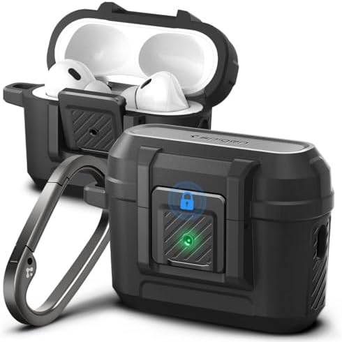 Spigen Lock Fit Designed for AirPods Pro 2nd Generation Case 2022/2023 (USB-C/Lightening Cable) with Secure Lock Clip - Matte Black