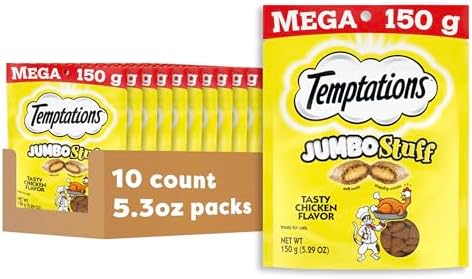 Temptations Jumbo Stuff Crunchy and Soft Cat Treats Tasty Chicken Flavor, 5.3 oz (Pack of 10)