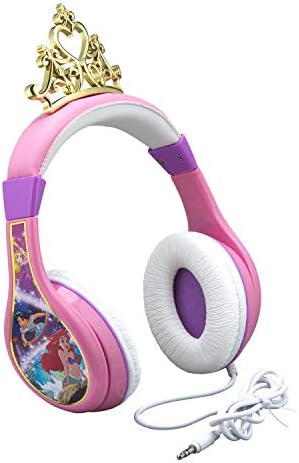 Disney Princess Kids Headphones, Adjustable Headband, Stereo Sound, 3.5Mm Jack, Wired Headphones for Kids, Tangle-Free, Volume Control, Foldable, Childrens Headphones Over Ear for School Home, Travel