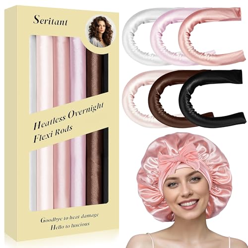 Heatless Curls Overnight Rods - 6 Pcs No-Heat Hair Curler Set, Hair Rollers for Long Hair with Bonnet for Sleeping
