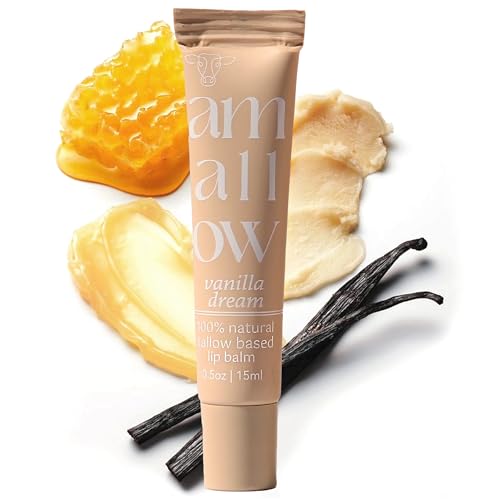 All Natural Tallow Lip Balm Squeezable Tube - Grass Fed/Finished Beef Tallow + Organic Beeswax & Vanilla Essential Oil .5 OZ (Vanilla Dream)