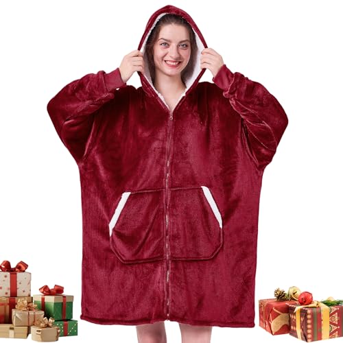 JOYWOO Wine Red Wearable Blanket Hoodie, Christmas Birthday Gifts for Mom Women Men, Oversized Hooded Blanket for Adult, Cozy Fuzzy Sherpa Sweatshirt Blanket with Giant Pocket and Zipper