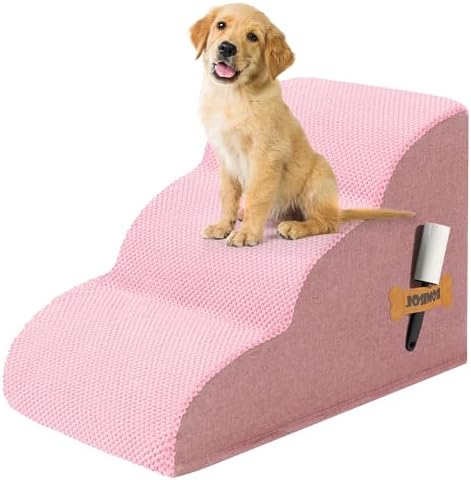 Romrol Dog Stairs Ramp for Beds Couches, Extra Wide Pet Steps with Durable Non-Slip Waterproof Fabric Cover, Pets Slope Stairs, 3-Tiers,Pink