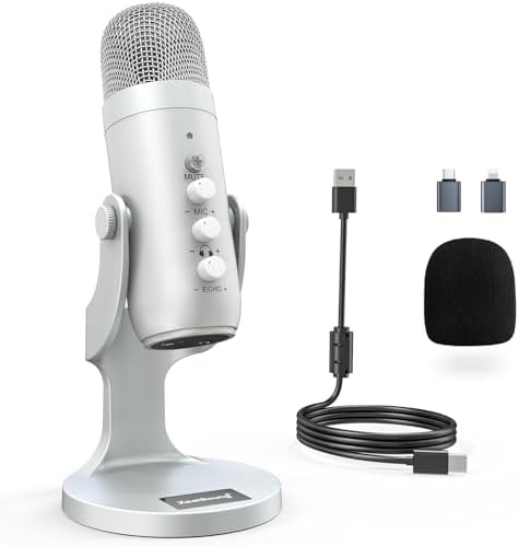 ZealSound USB Microphone,Condenser Computer PC Mic,Plug&Play Gaming Microphones for PS 4&5.Headphone Output&Volume Control,Mic Gain Control,Mute Button Vocal,YouTube Podcast on Mac&Windows(Silver)