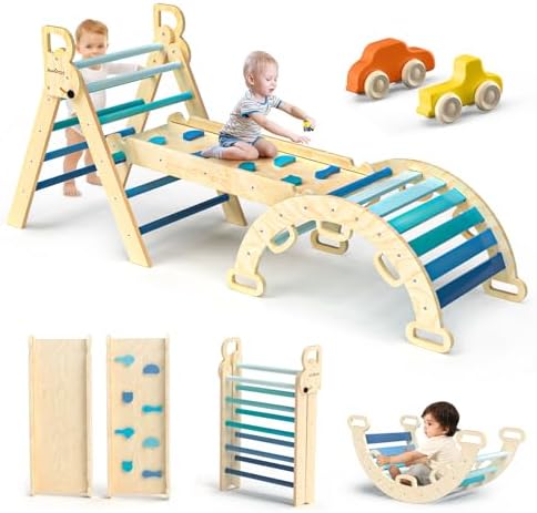 BlueWood Pikler Triangle Set 7in1 Foldable Baby Climbing Wooden Toys with Arch&Ramp&Ladder Climber Indoor Jungle Gyms for Toddlers - Sky Blue