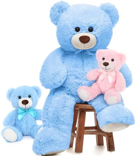 MorisMos Giant Teddy Bears with Babies, Large Mommy Bear with 2 Babies Stuffed Animals for Baby Shower, Big Bear Plush for Kids, Blue, 36 Inch