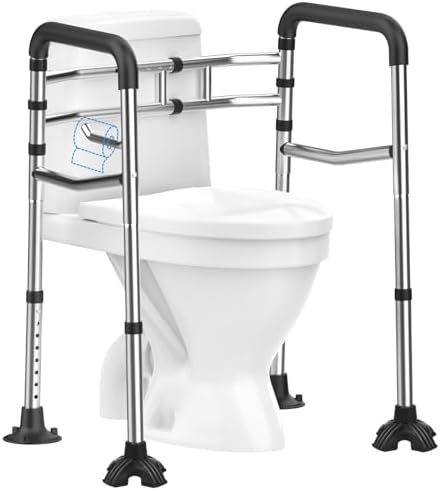 Toilet Safety Rails, Stainless Steel Adjustable Toilet Frame with Soft Handles&Tissue Holder, 380LBS Foldable Detachable Toilet Safety Frame for Elderly, Seniors, Handicap & Disabled