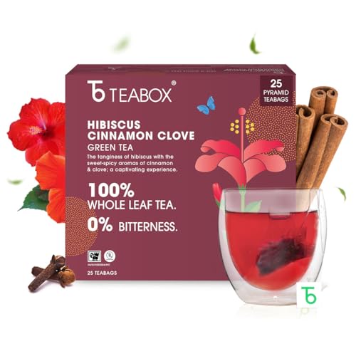 Teabox Organic Hibiscus Cinnamon Clove Green Tea Bags 100 pcs | 100% Natural Hibiscus, Cinnamon & Clove (25 Count (Pack of 1))
