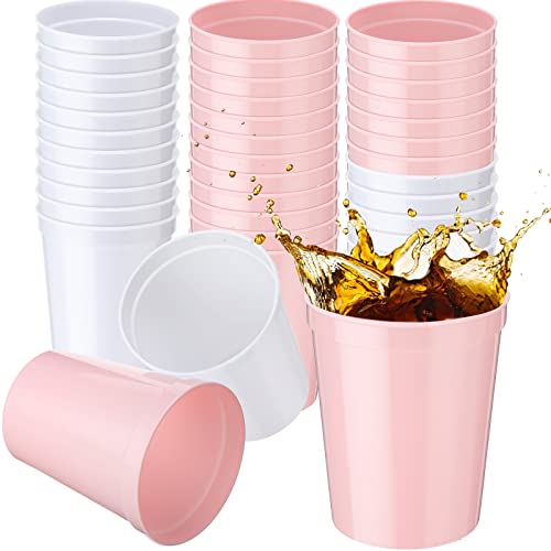 Yungyan 16oz Stadium Plastic Cups Blank Reusable Drink Tumblers Stadium Cups Party Cups for Birthday Party, Events, Baby Shower, DIY Projects, 4.5 x 3.54 x 2.72 inch (White, Pink, 36)