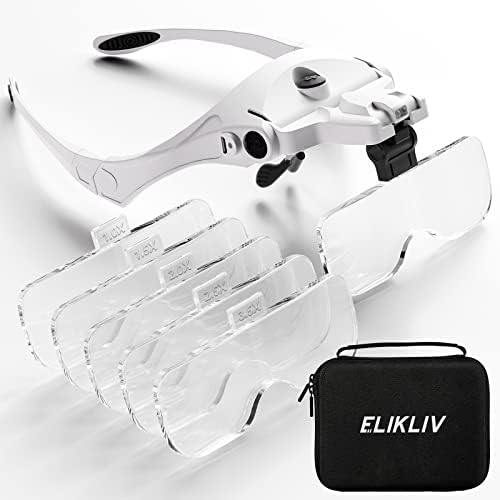 Elikliv Handsfree Headband Magnifying Glass with Light 1X to 3.5X, Rechargeable Head Mount Magnifier, 5 Detachable Lens Headset Loupe Tool for Close Work Reading Jewelry Craft Repair Cross Stitch