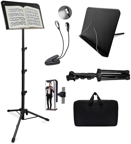 70" Sheet Music Stand with Light and Phone Holder, Music Stand for Sheet Music High Stability, Height Adjustable Portable Music Sheet Stand with Carrying Bag(33-70inch,Plate without hole)