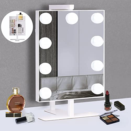 Vanity Mirror with Lights, Lighted Makeup Mirror with Shelves, Hollywood Lighted Makeup Mirror with 9 Dimmable LED Bulbs, 3 Color Lighting Modes, Detachable 10x Magnification